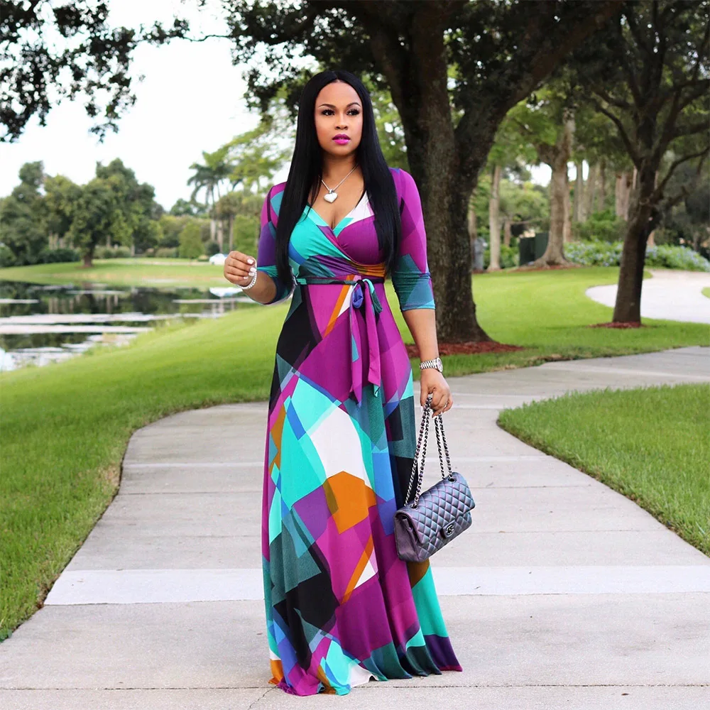 

V Neck Long Summer Bohemian Beach Dress A-Line Casual Maxi Women Dresses Middle Sleeve Beach Vestidos Verano 2019