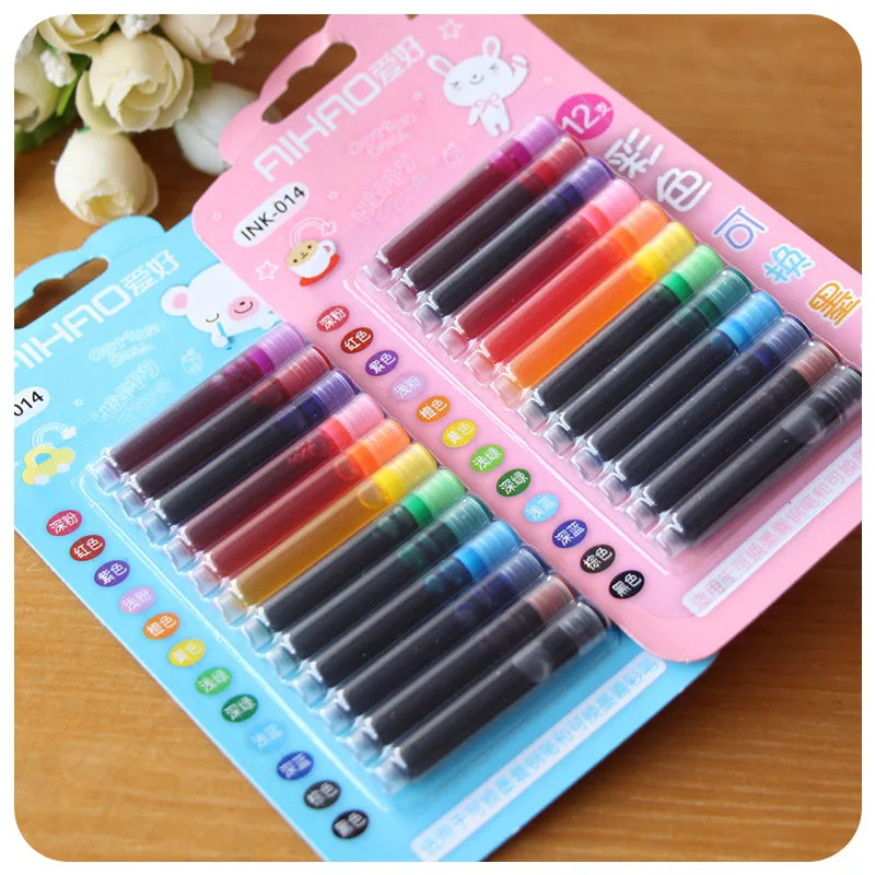 

12 pcs/lot (1 bag ) 12 Colores Disposable Ink Sac Cartridge Refills For Fountain Calligraphy Pen Stationery Gift School Supplies