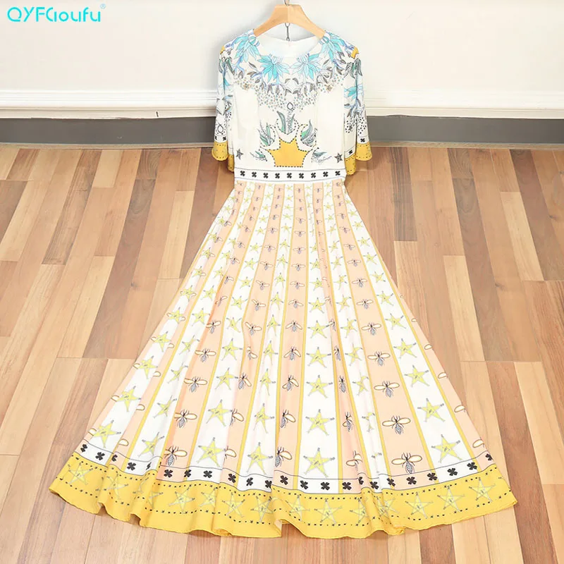 QYFCIOUFU 2018 High Quality Women Flowy Maxi Dress Elegant Fashion Runway Floral Print Flare Sleeve Summer Bohemian Long Dress