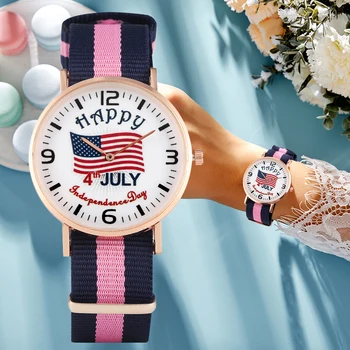 

Camouflage American Independence Day Theme Flag Pattern Quartz Watch for Woman Special Nylon Strap Arabic Digital Watches Gift