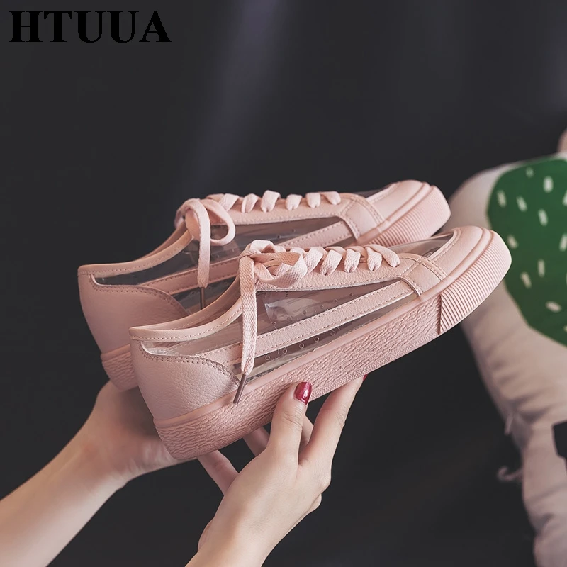 

HTUUA New Women Sneakers Autumn Summer Vulcanized shoes Woman Transparent Lace Up Ladies Shoes Casual Flats Basket femme SX1410