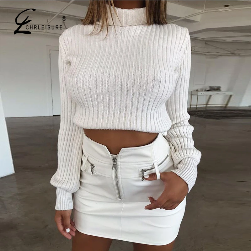 

CHRLEISURE Turtleneck Sweater Women Korean Style Women Pull Streetwear Summer Knitted Winter Crop Sweater Black Slim Fit Sweater