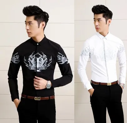 New 2015 Famous Brand Mens Embroidery Dress Shirts Fashion Spring Black Slim Luxury Shirt Men Modern Camiseta Masculina Marca | Мужская