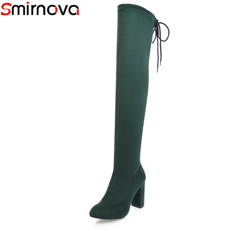 Smirnova/2018 Новое поступление Сапоги выше колена с острым носком на платформе узкими