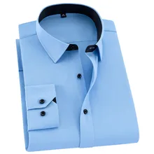 Лоскутный квадратный воротник с длинными рукавами, черная пуговица, тонкая посадка, легкий уход, качественная саржа/однотонная деловая Мужская одежда, рубашки