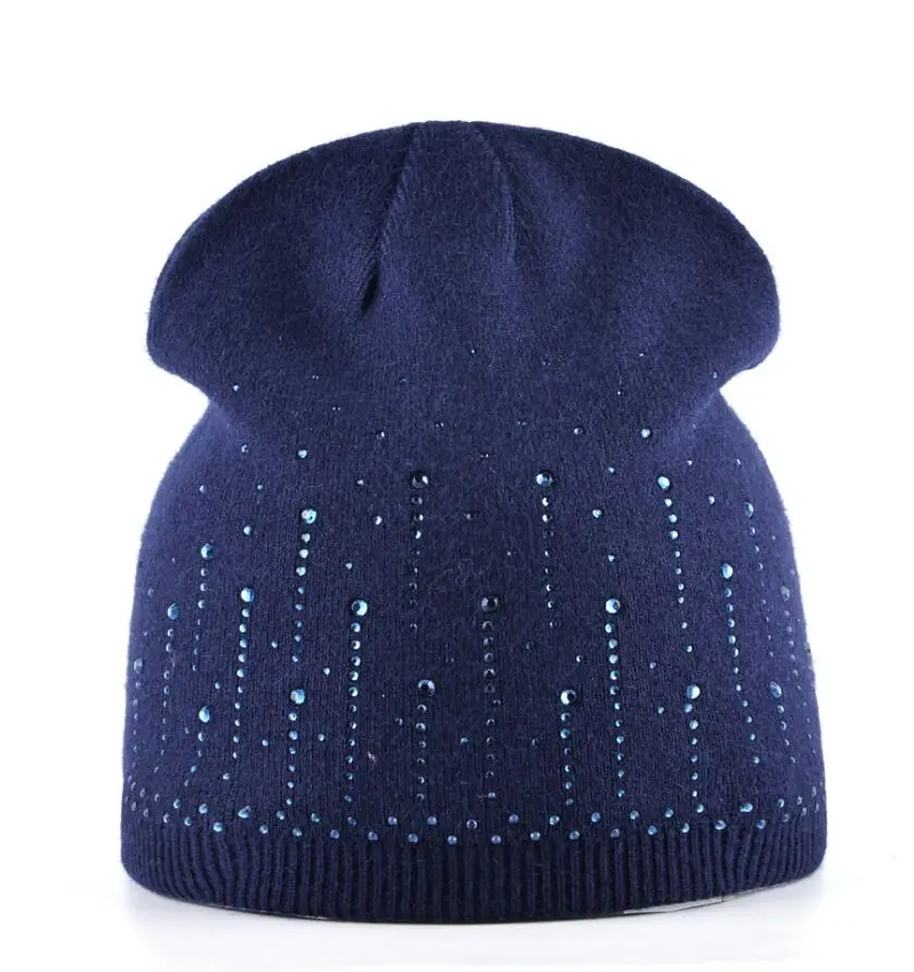 Шапки женские зимние шапочки шапка осень и зима вязаная шерсть кролика шапки со стразами шляпа для дам кепка - Цвет: Blue