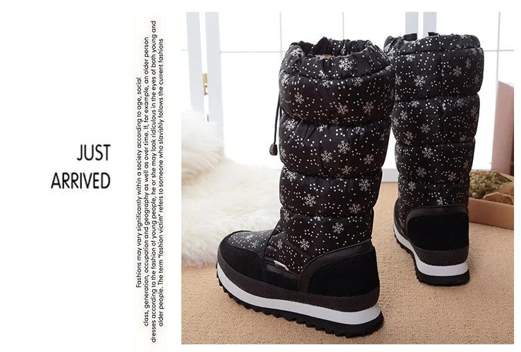 Классические зимние сапоги со снежинками женские водонепроницаемые сапоги до колена на молнии, без шнуровки, на плоской подошве, с круглым носком, зимняя обувь из хлопка Женская обувь 42