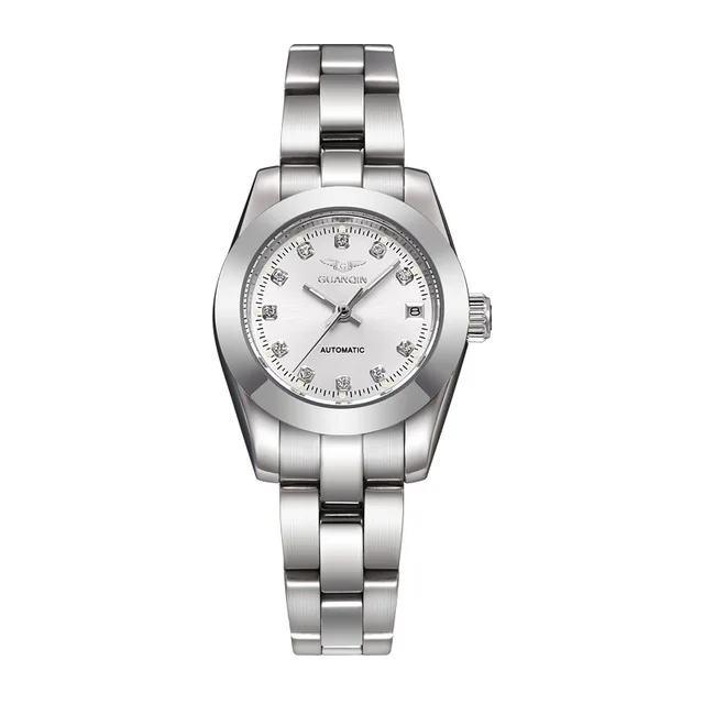 Бренд GUANQIN для женщин часы Роскошные автоматические механические часы сталь женское платье алмаз дамы Светящиеся Наручные Часы Montre Femme - Цвет: silver white