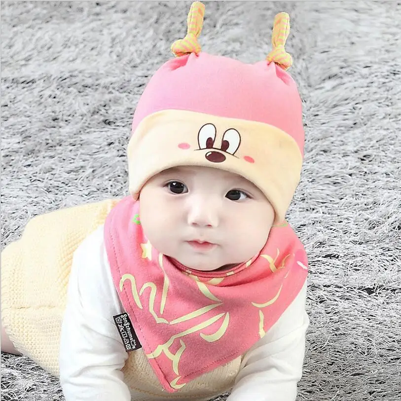 

Newborn Baby Bib Hat sets beautiful bebe hat cotton Cartoon scarf infant hats set Infantil caps Bebe colorful beanies 2 pcs/set