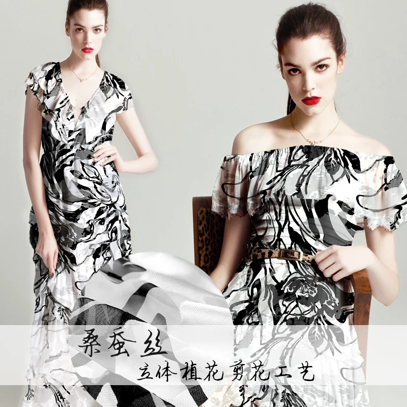 135CM Wide 12MM Black and White Silk Rayon Thin Fabric for Dress