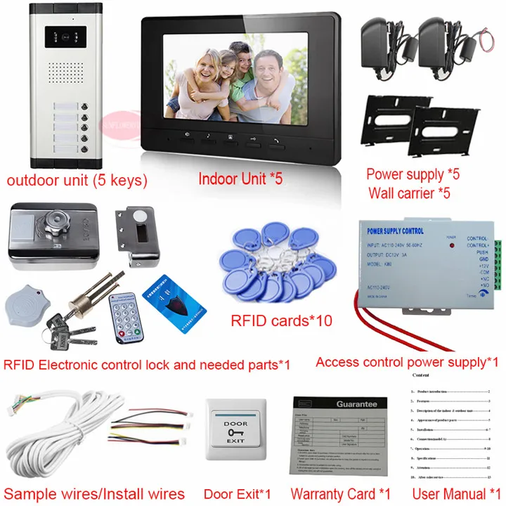 SUNFLOWERVDP домофон для видеодомофона 5 единиц с Rfid разблокировка электронный замок CCD камера дверной звонок Домофон комплект