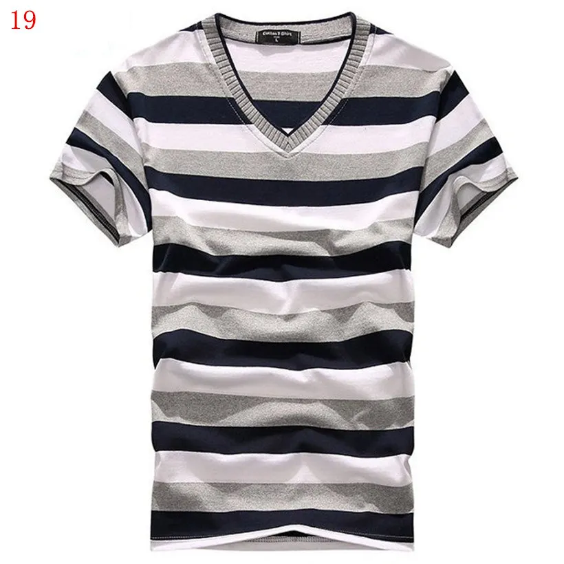 MwWiiWwM Мужская футболка с v-образным вырезом, Мужская футболка с коротким рукавом, мужские хлопковые полосатые футболки, мужская одежда, разные размеры - Цвет: 19