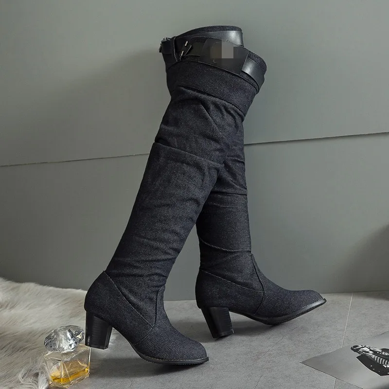 ANOVISHANA/Большие размеры 45, 46, весенне-зимние ботинки из джинсовой ткани сапоги до колена без шнуровки женские ковбойские джинсы ботинки на не сужающемся книзу массивном каблуке, botas mujer