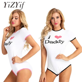 

YiZYiF Women bodysuit sexy Adult I Love Daddy Pattern Short Sleeve Crotch body suit Cotton Romper Jumpsuit Bodysuit Cosplay