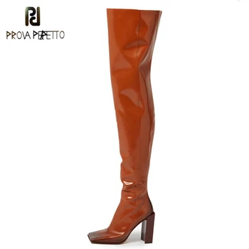 

Prova Perfetto Sexy Women High Heel Botas Side Zip Over The Knee Women Booties Square Toe Stacked Block Heel Thigh High Boots