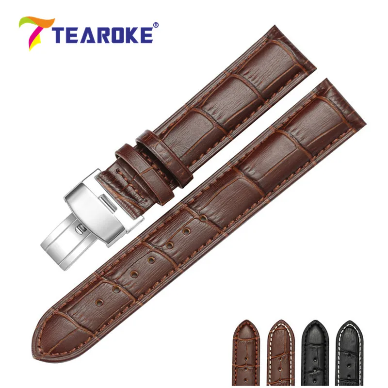 

Genuine Leather Watchband 18-24mm Silver Butterfly Deployant Buckle Polished Stainless Steel Clasp Strap Band Watch Accessories