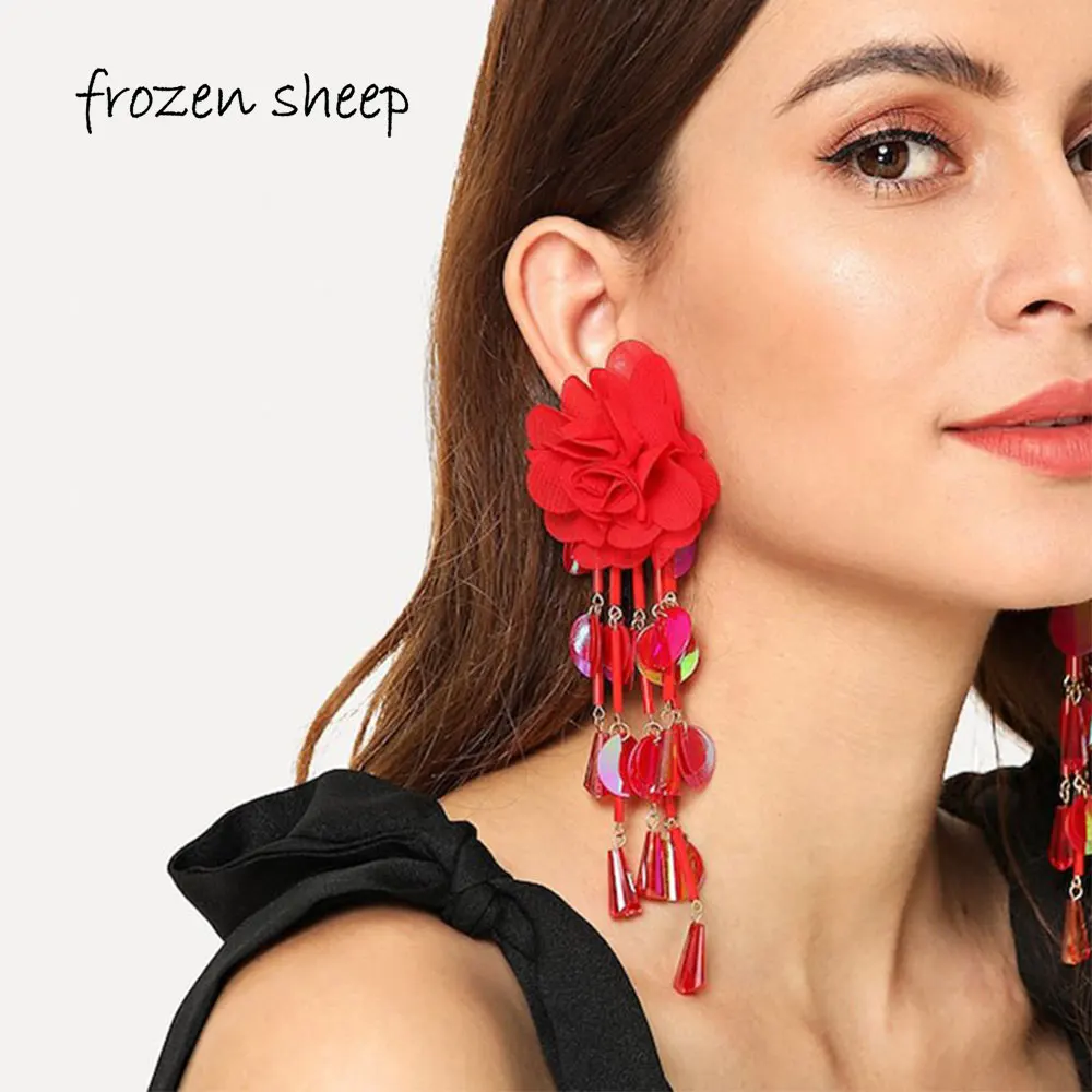 

5 Colors Bohemian Manual Fabric Flower Sequins Fringe Earring crystal Tassel Long Drop Earrings For Women Wedding Jewelry
