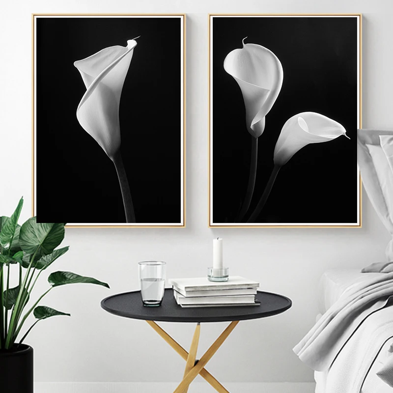 

Nordic White Flowers Canvas Black Posters Print Modern Wall Art Pictures For Living Room Bedroom Aisle Dinning Room Studio Cafe
