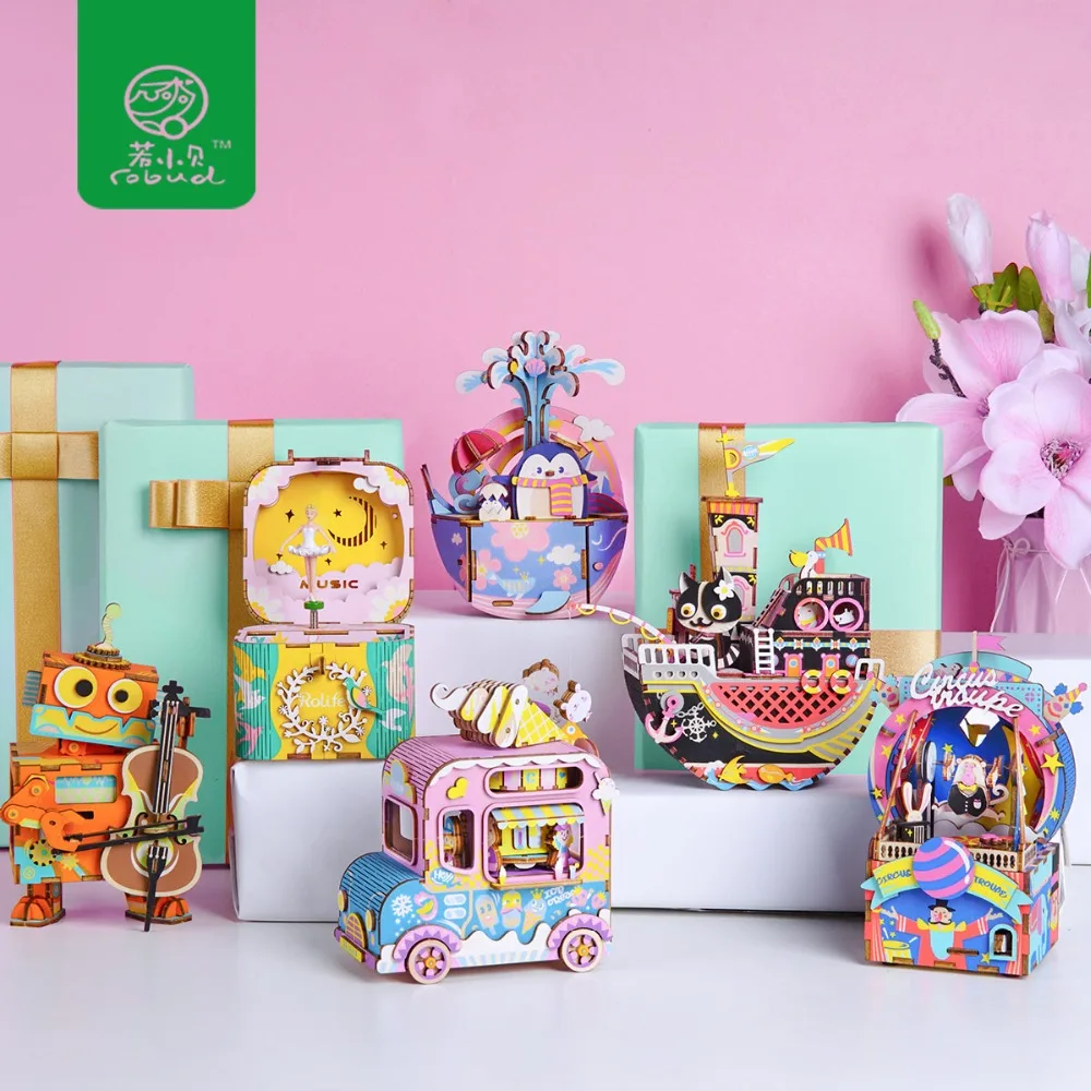 Koop Robotime Creatieve Diy 3D Kitty Robot Ballerma Houten Puzzel Spel Montage Beweegbare Muziekdoos Speelgoed Cadeau Voor Kinderen Volwassen Amd
