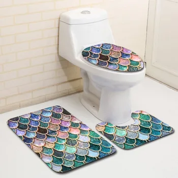

3 pcs Fish Pattern Anti-silp Bath Mat Flannel Contour Rug Lid Toilet Cover Carpet Bathroom Set