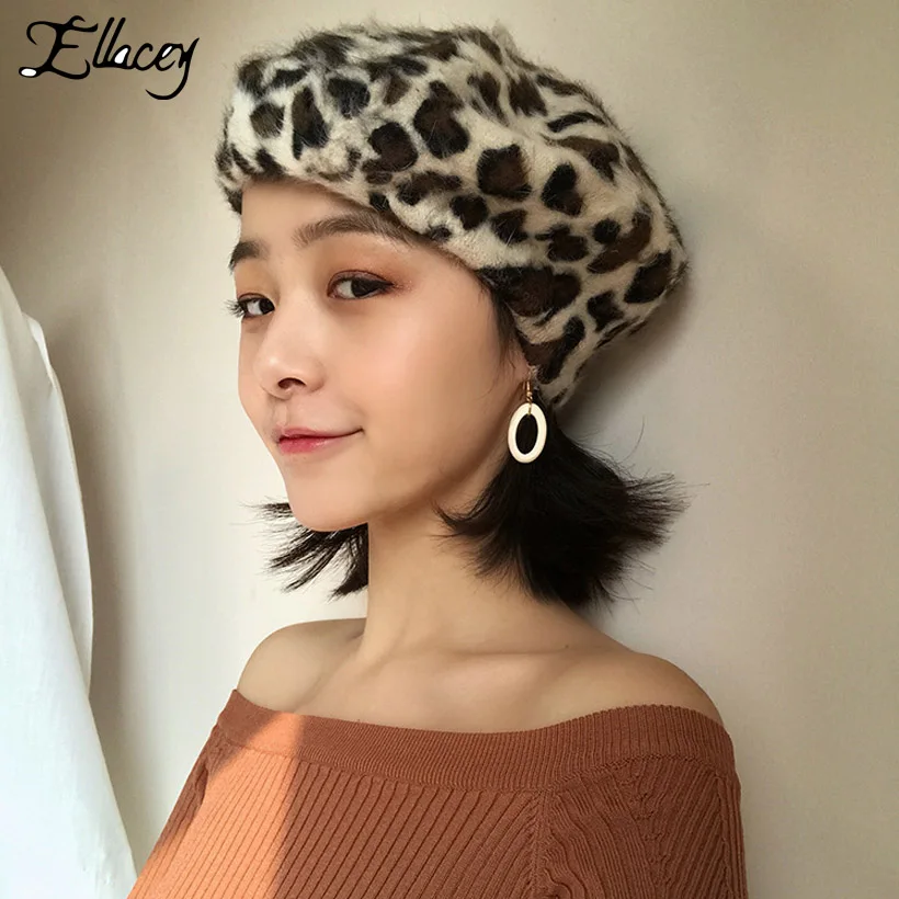 

Ellacey New Autumn Winter Rabbit Hair Women's Berets Vintage Leopard Girls Cap Fashion Painter Hats Warm Pumpkin Hat Female