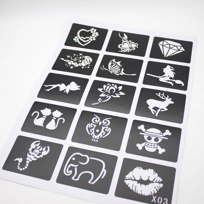 Small Glitter Tattoo Stencils Woman Girl Kids Drawing Template Flower Butterfly Cartoon Airbrush Tattoo Stencil 6*4.8cm X3 15pcs