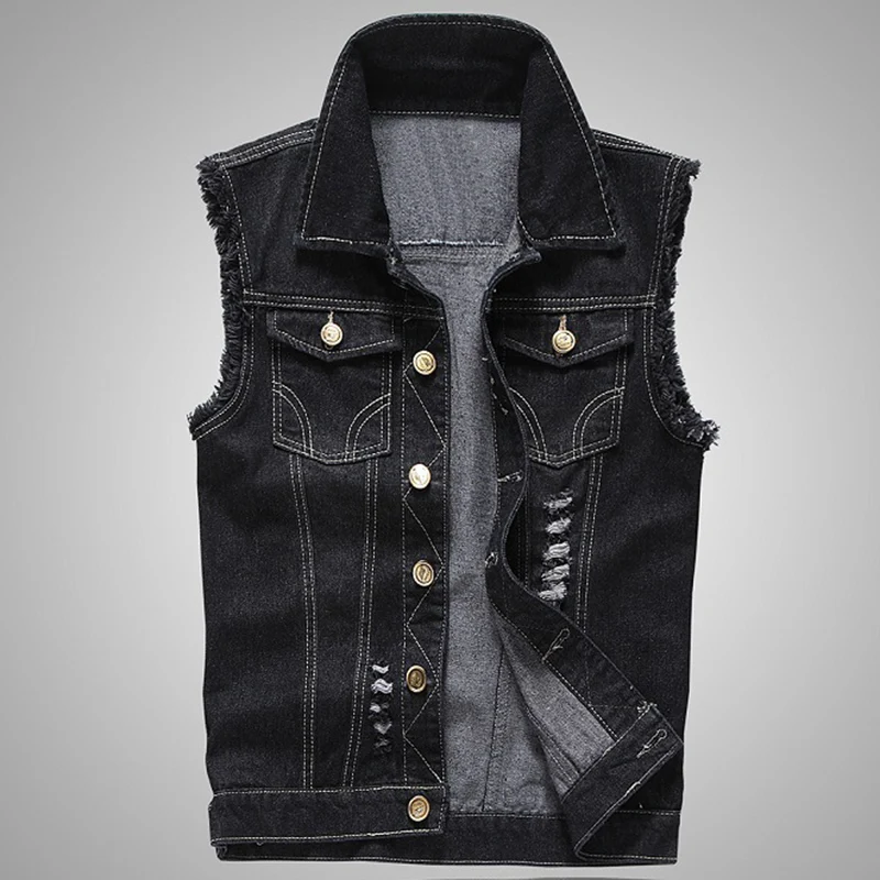 

Sleevless Jeans Jacket Black Denim Vest Men Fashions Spring Autumn Vintage Ripped Hole Waistcoat Big Size 5XL Casual Streetwear