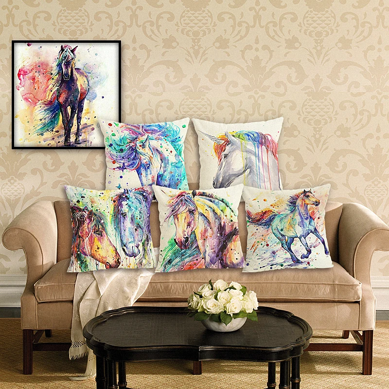 

RECOLOUR Cartoon Horse Printed Linen Cotton 45x45cm living room Decor cover cushion Houseware Throw Pillows Cojines Almohadas