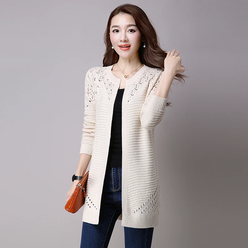 

spring new Solid Color Hollow Out Sweaters Large size S-XXXL Long Sleeve Knitted Outerwear women Casual O-Neck Thin Cardigans