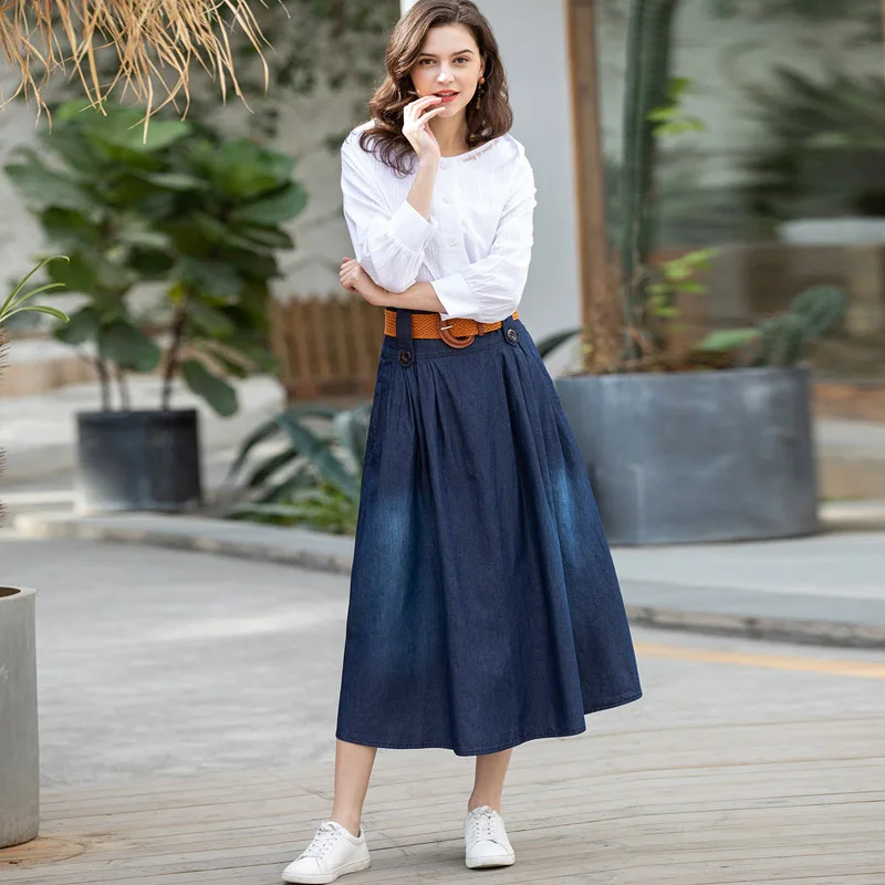 

European and American style high waist thin women's denim skirt big swing pleated A word skirt large size denim long skirt women