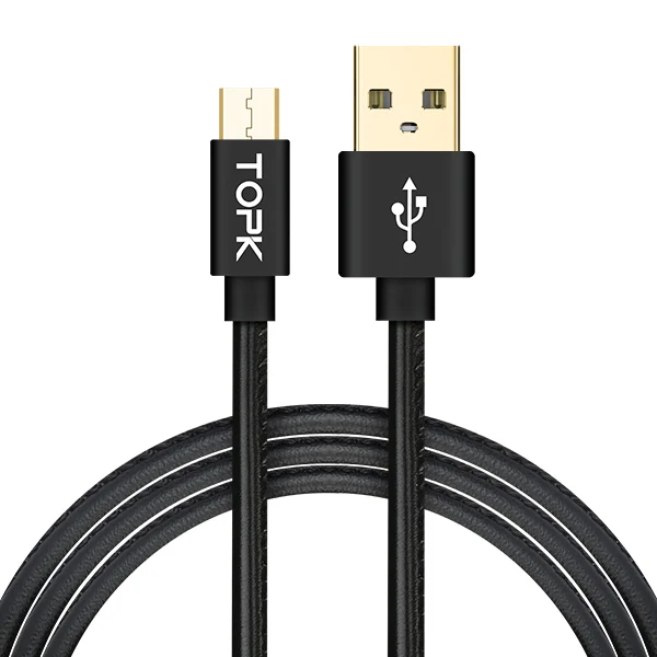 TOPK Micro USB кабель 2.4A быстрое зарядное устройство и кабель для передачи данных кожаный плетеный кабель USB ЗУ для мобильного телефона кабель для samsung htc huawei - Цвет: Черный