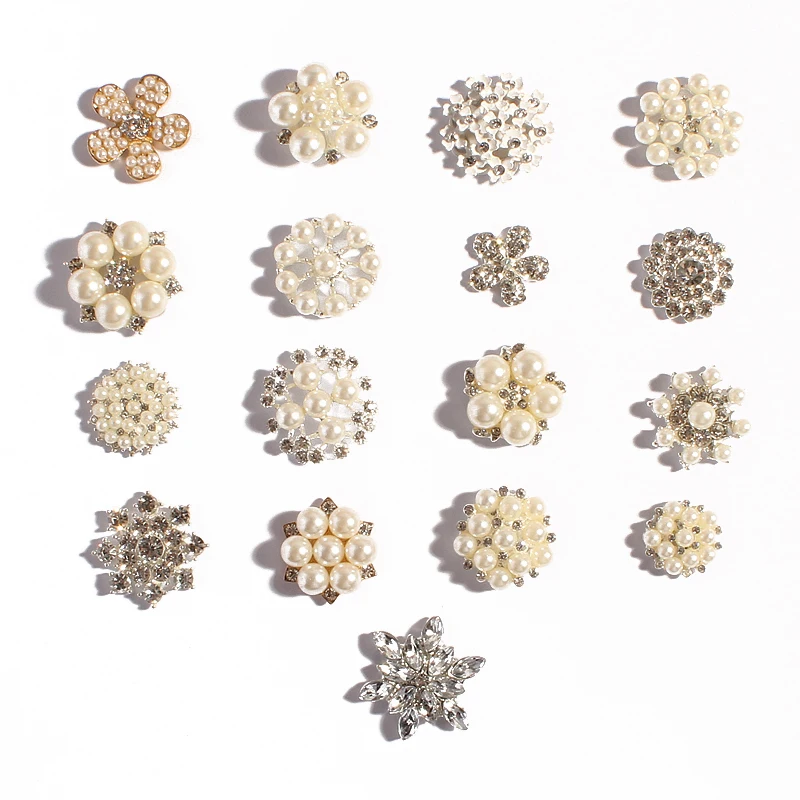 

50pcs/lot 17styels Bling Metal Pearl Rhinestone Button For Craft Clear Flatback Decorative Buttons For Wedding Decoration
