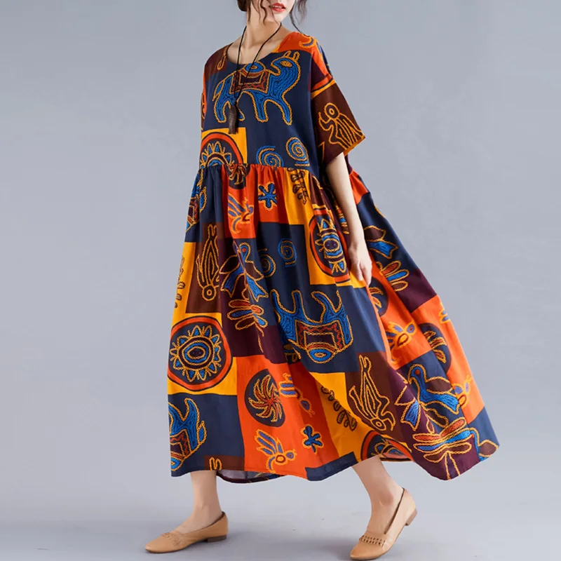 Boho свободные длинные женское платье для женщин Винтаж контрастная цветная печать Половина халат с рукавами Femme Негабаритных хлопок лен повседневное макси