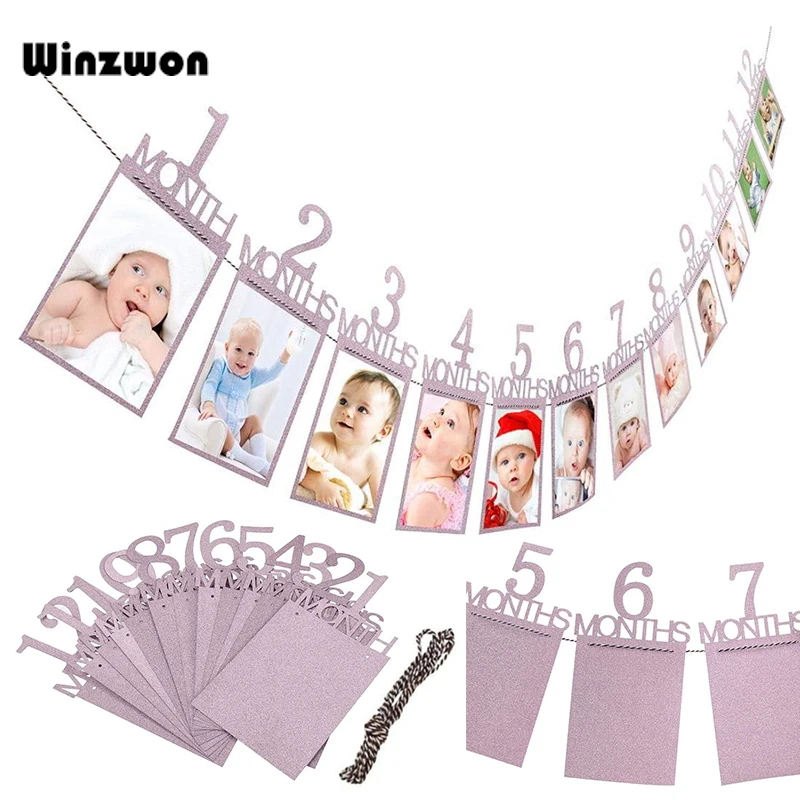 

12Pcs/set 12 Months Photo Banner Baby Shower Boy Girl First Birthday Party Decorations Baby Photo Frame Happy Birthday Banners