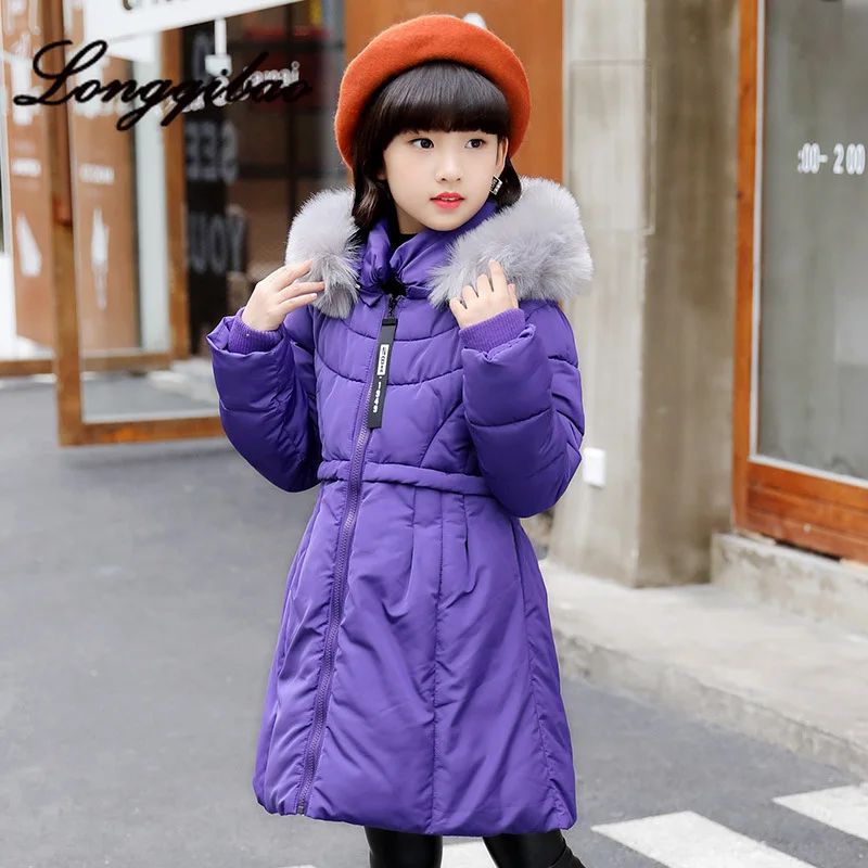 

New Winter Children's Wear Girls Hand Padded Cotton Coat Large Children's Caps Detachable Long Solid Color Waist Cotton Clothes