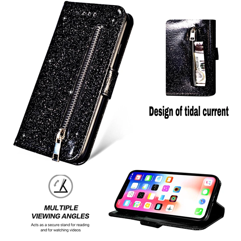 Роскошный чехол-кошелек с блестками, кожаный чехол для iPhone 6 s 6 S 7 7 S iPhone 8 Plus X 10 XR XS Max 6 Plus 6splus 7plus 8plus - Цвет: Черный