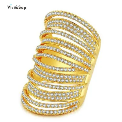 

Visisap Exaggerate Icedout Lines Shape Rings for Women Yellow Gold Color Ring Dazzling Zircon Vintage Jewelry Accessories B921