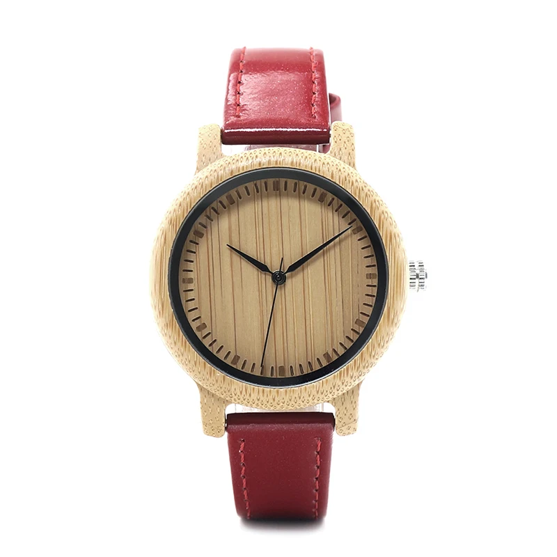 BOBO BIRD WJ09 Simple Style Bamboo Women Watch Bamboo Dial Genuine Red PU Leather Band Quartz Watches Relojes mujer Accept OEM
