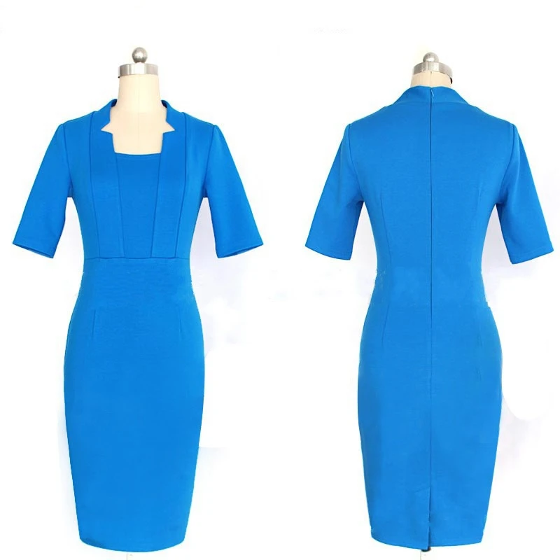 Fashion Women Square Collar Back Zipper Elegant Blue Stretchy Bodycon Knee-Length Wear to Work Office lady blazer dress suit
