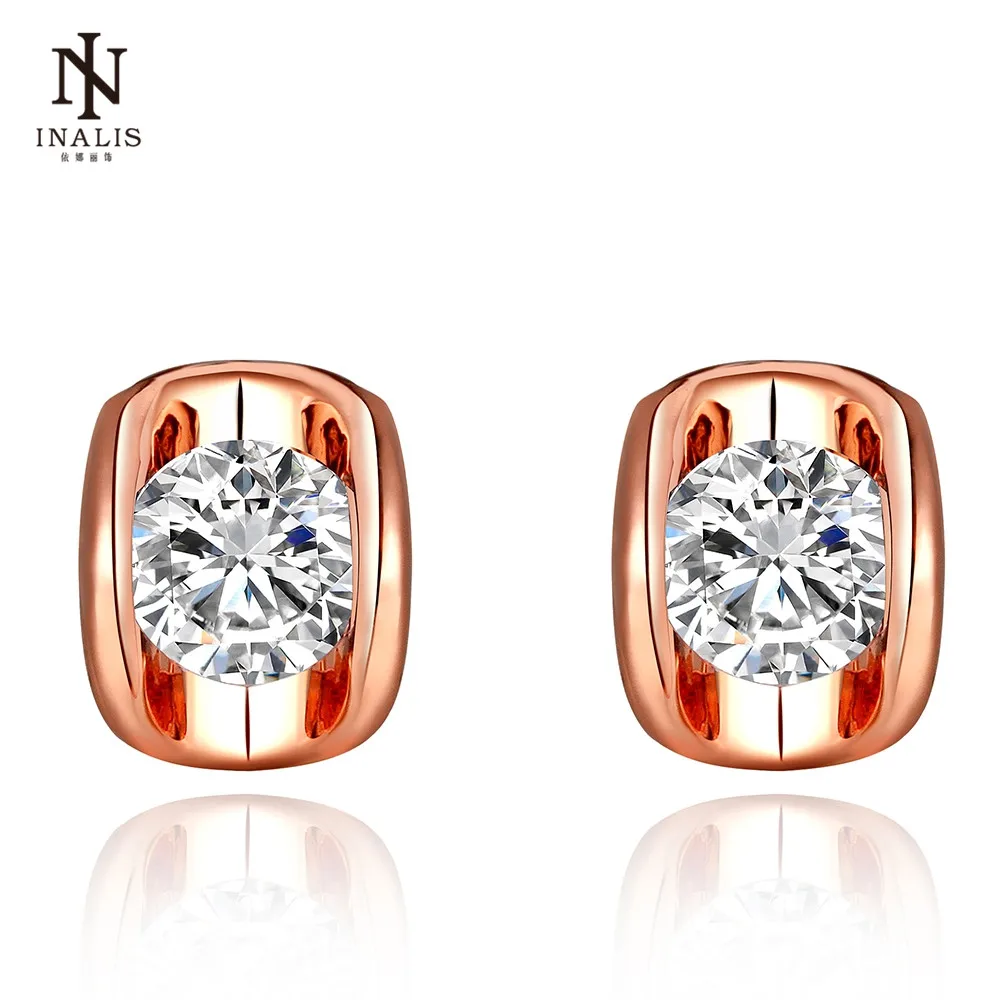 

INALIS Round Inlaid Ziccon Stud Earrings Rose Gold Color/Gold Color/White Gold Color Earrings For Women Female Girl Jewelry