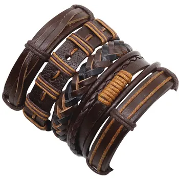 

Brown 5pcs/set Combination Wrap Fashion Alloy Vintage Bangle Genuine Leather Bracelets Men Women Jewelry Accessories