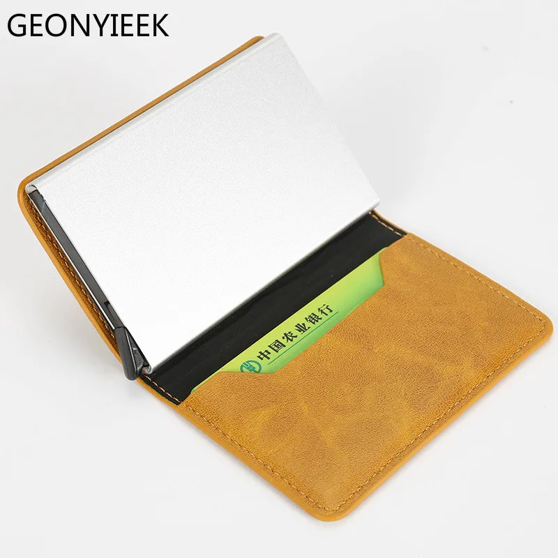 

2018 New Crazy horse Leather Credit Card Holder Men Business Card Holder Metal RFID Card Cases Automatical Bank Card Wallets