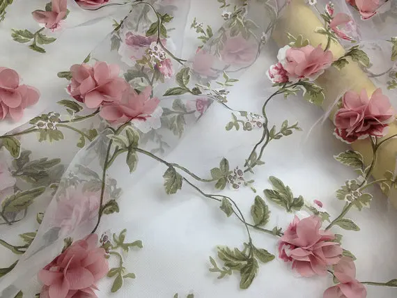 

3D Hand Applique Fabric, Embroidery Flower Dress, DIY Wedding Dress Fabric Chiffon Lace