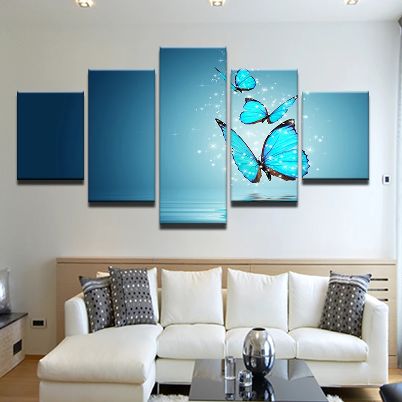 

Canvas Poster Framework Home Decor HD Printed Wall Art 5 Pieces Glowing Blue Butterfly Modular Pictures For Living Room Painting