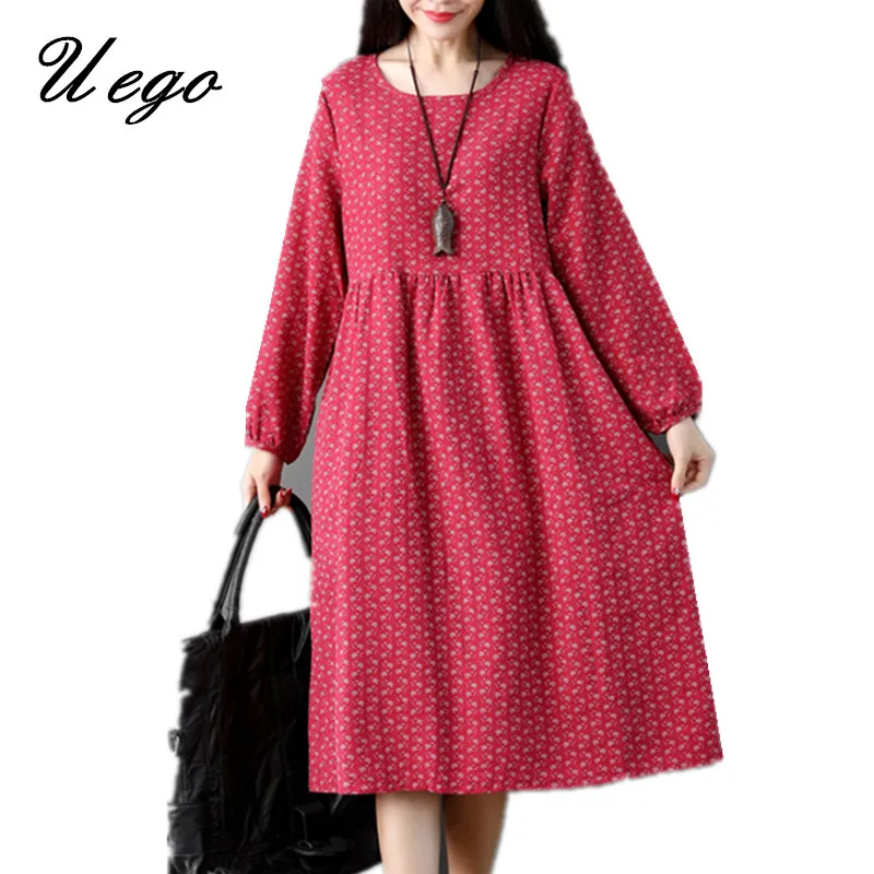 

Uego Cotton Linen Fashion Printing Floral Dress Slim Waist Long Sleeve Spring Dress 2019 New Arrival Women Casual Midi Dress