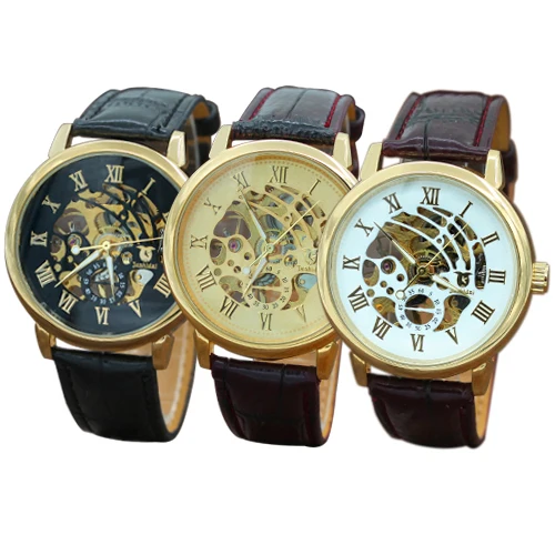 3 цвета Мужская Мода римские цифры механические скелет полый циферблат наручные часы подарок автоматические часы