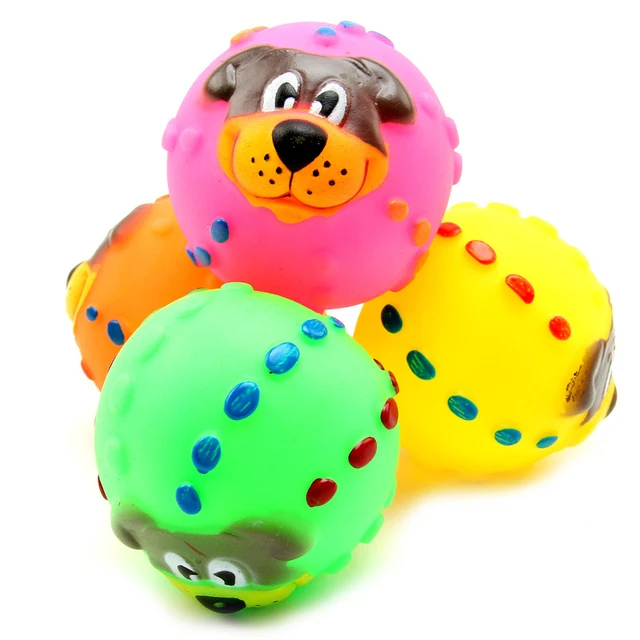 1Pcs Cute Puppy Dogs Toys Soft Rubber Dog Ball Face Chew Squeaker