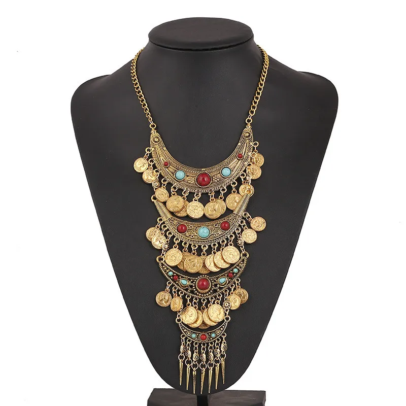 LZHLQ многослойное резное геометрическое ретро ожерелье с монетами и кисточками для женщин 2 цвета ожерелья из сплава цинка Подвески