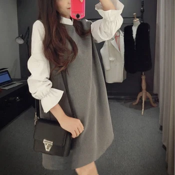 

Girls Fake Two Pieces Dress Butterfly Sleeve Spliced Dress Preppy Style Standard Collar Sweet Dress Women Spring Autumn