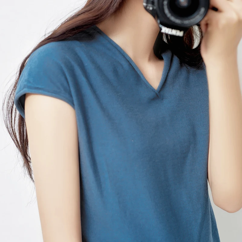 

V-neck knit short-sleeved shirt 2019 new casual solid color sweater thin section ladies pullover tops cotton and linen Shirts